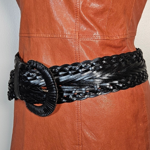 Talbots Woven Wide Leather Belt Black Boho Dressy Casual M - Picture 2 of 7